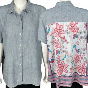 J Jill Short Sleeve Button Front Multi Print Shirt Top Women Sz XL Linen Cotton